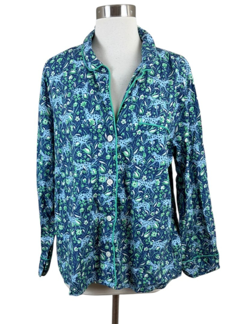 J. Crew Flora Fauna Blue Leopard Long Sleeve Pajama Top Size Medium
